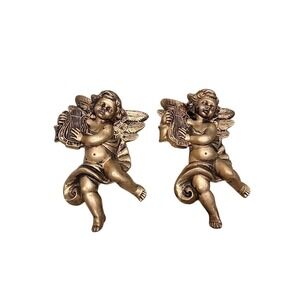 Vintage Chalkware Angel/Cherub Pair Wall Hanging Winged Gold Christmas Decor